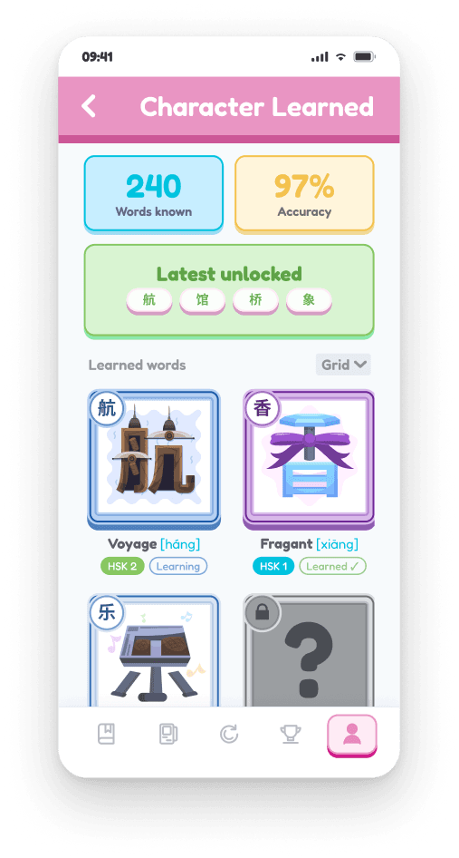 Characters learned progress screen